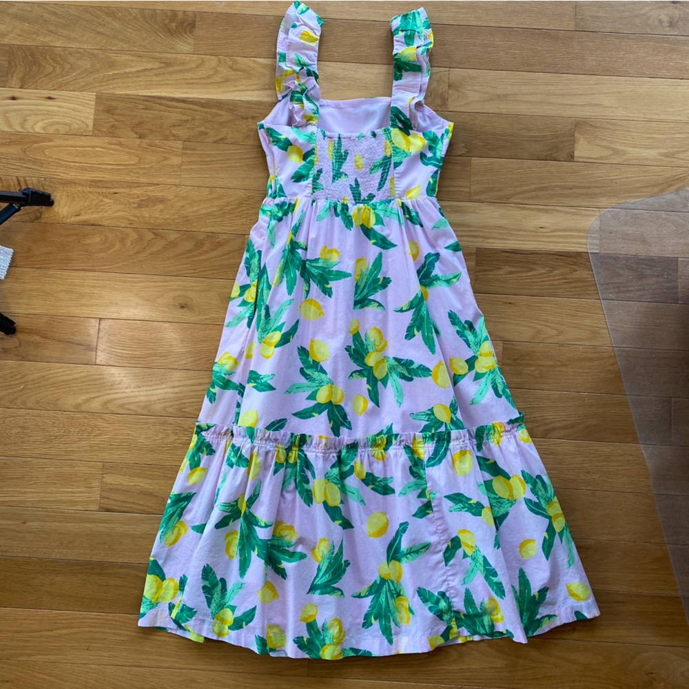 J.Crew Lemon Print Ruffle Strap Tiered Midi Dress Pink Yellow Size 00 - Picture 3 of 8